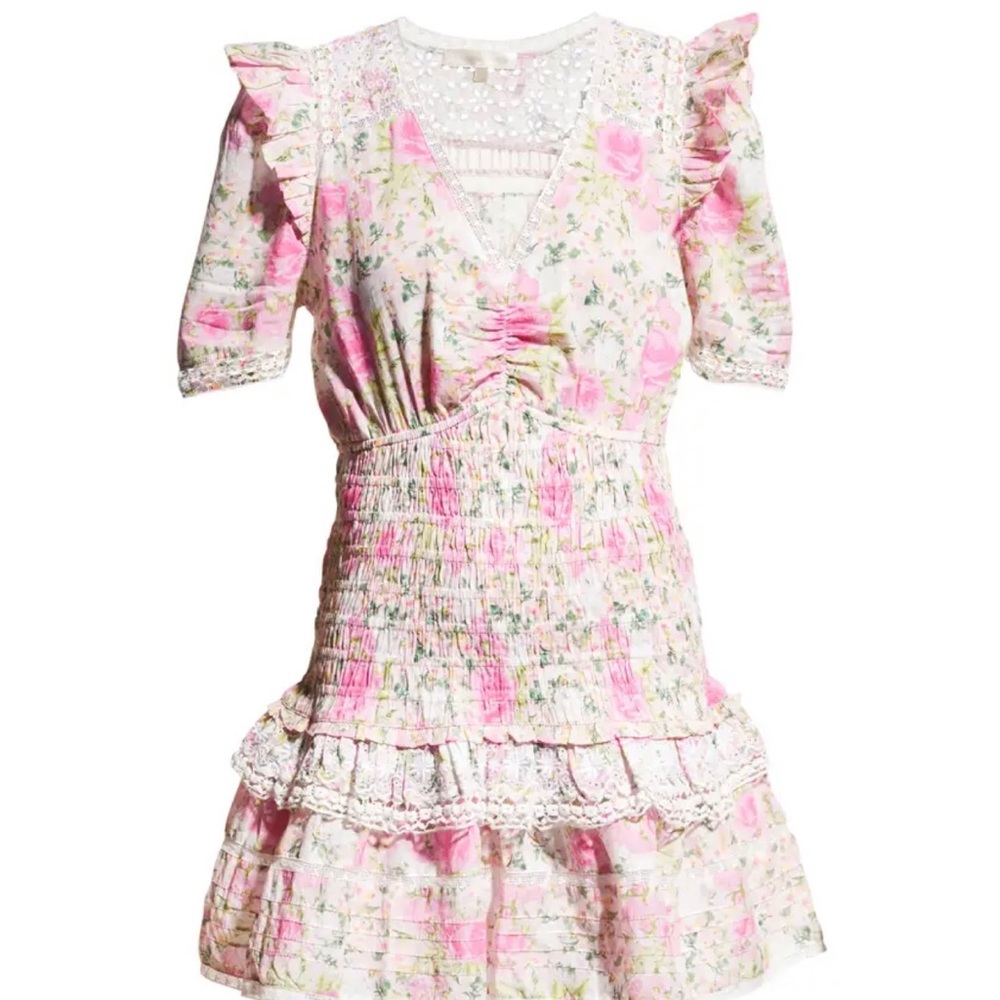 LoveShackFancy Flower Dress, Pink dress, V-neck dress,Lace dress, Ruffle dress